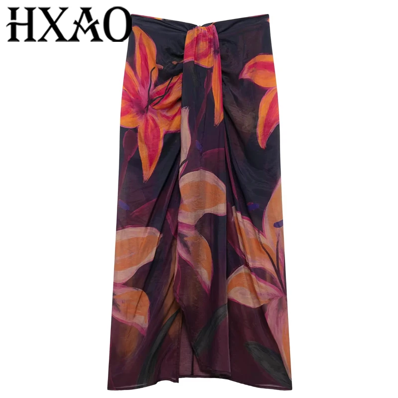 HXAO Lange Röcke mit Blumenmuster für Damen, Sommerdruck, schwarzer Midirock, Boho-Falten, geknoteter Strandrock, eleganter Split-Wickel-Bleistiftrock