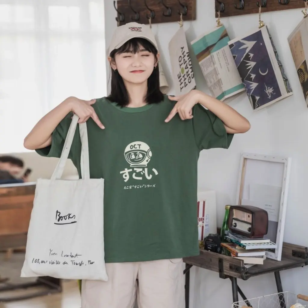 

Japanese-Style Women's Short-Sleeve T-Shirt Summer Cartoon Print Loose round Neck Bf Style Top for Students