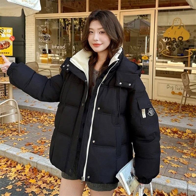 Thick Warm Detachable Hood Puffer Coat Stand Collar Elastic Cuffs Windproof Relaxed Cropped Silhouette Autumn Winter Outerwear