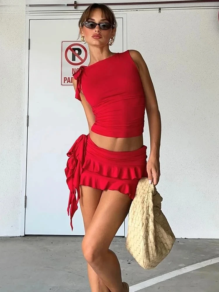 

Женский комплект из 2 предметов, двухэтажная плиссированная мини-юбка с кисточками + тонкая майка с повязкой, праздничная вечеринка, сексуальные одинаковые наряды