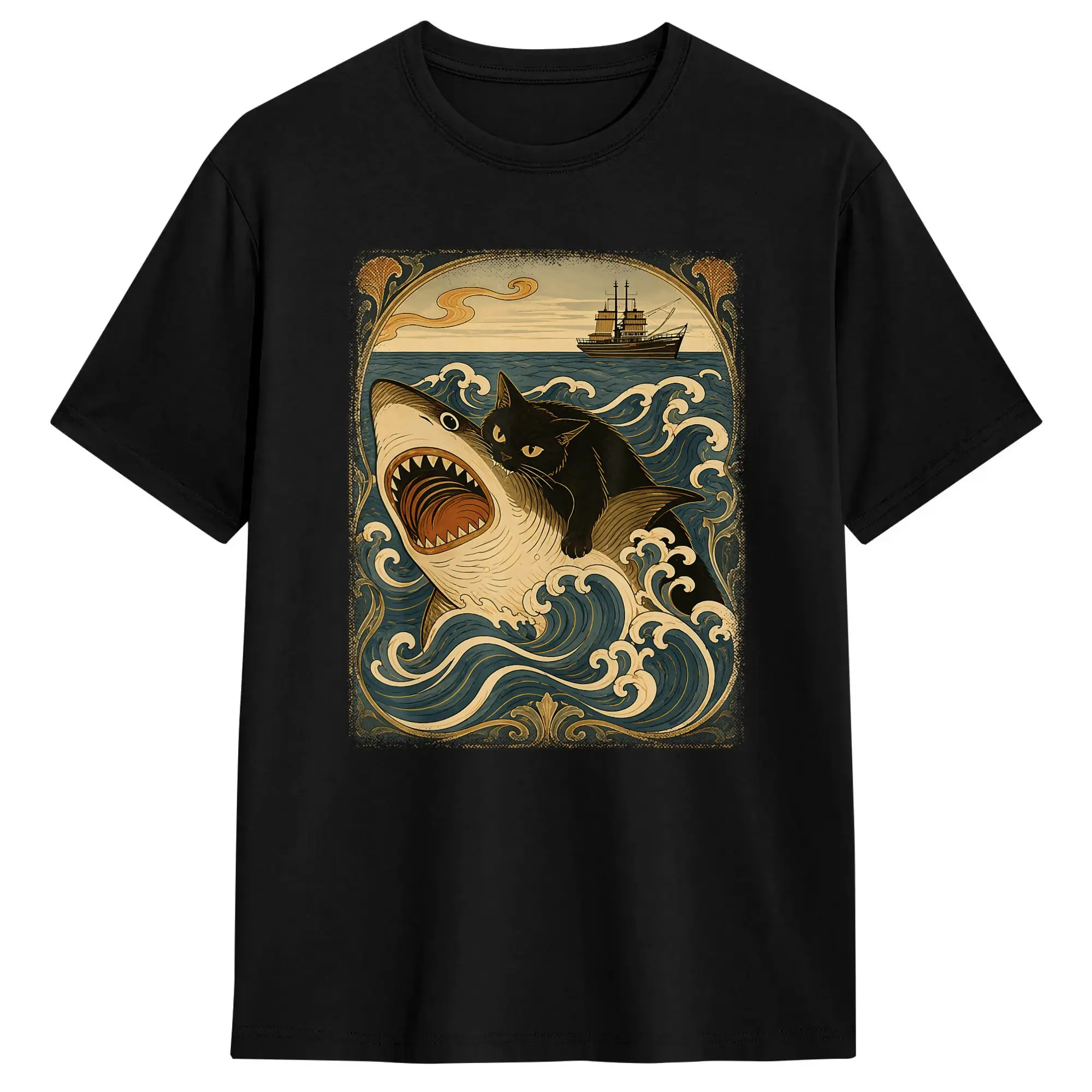 Cat Riding Biting Shark in Japanese Wave Flying Black T Shirts for Men Cotton Awesome T-Shirt O Neck  Tee Shirt Short Sleeve
