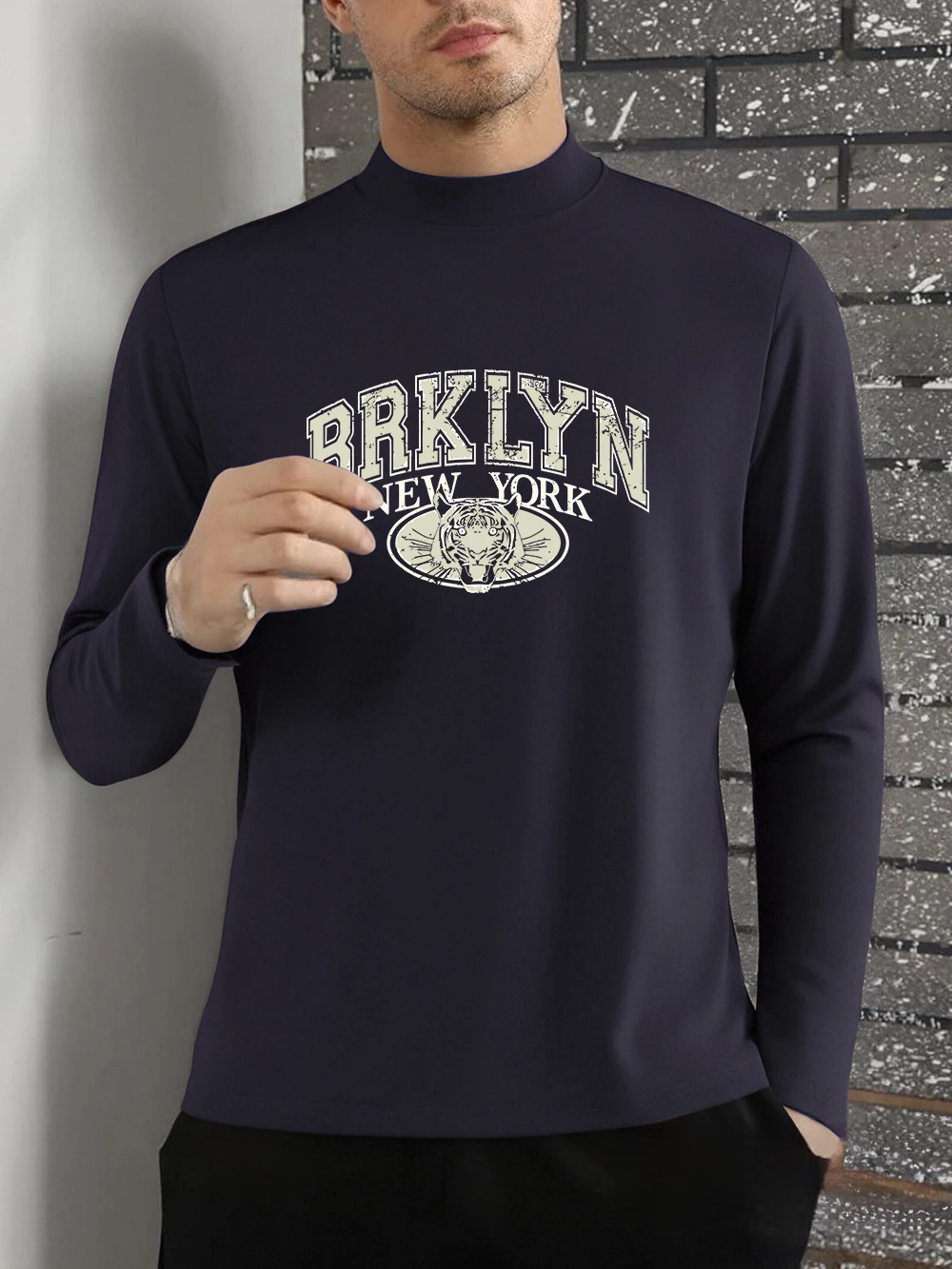 Brklyn نيويورك مطبوعة تي شيرت الرجال الخريف طويلة الأكمام قاع قميص دافئ نصف الياقة المدورة سليم صالح القمم الأساسية ملابس رجالي