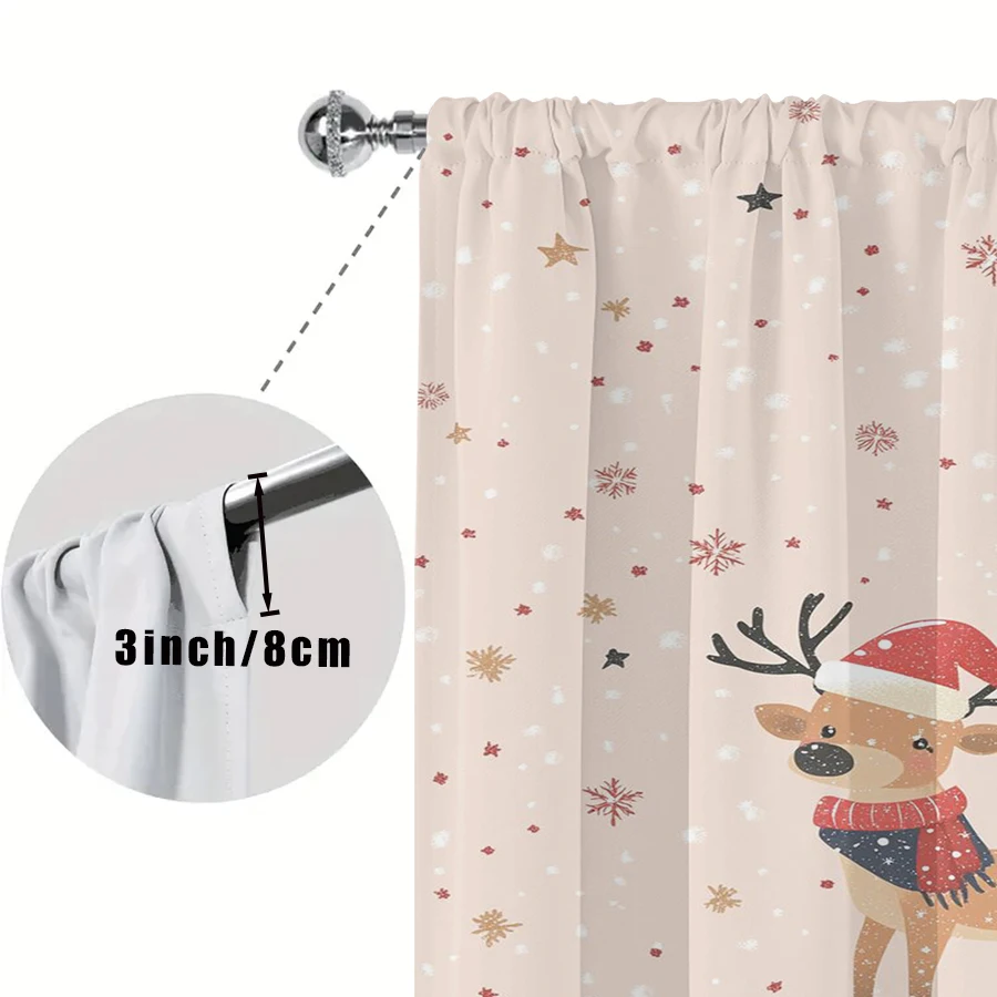 2PCS Cute Cartoon Christmas Reindeer Curtains, Santa Hat Scarf Snowflake Winter Holiday Window Drapes for Kids Bedroom Decor