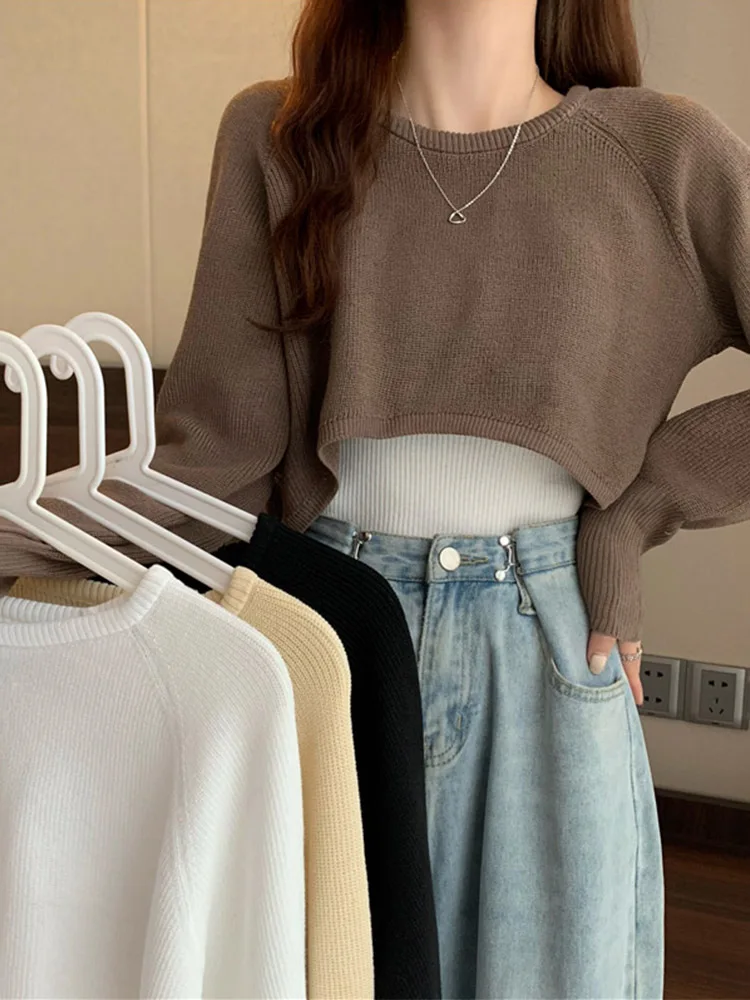 

New Autumn Women Solid Sweater O-Neck Loose Sweater Pullover Crop Top Sweaters Shirts Femme Knit Outwear Jumpers