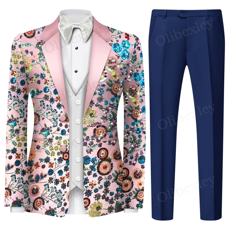 

Olibexley Men's 2 piece suit One button Sequined Slim Fit Pink Jacket Suitable Weddings Groom Business Dinner Partys