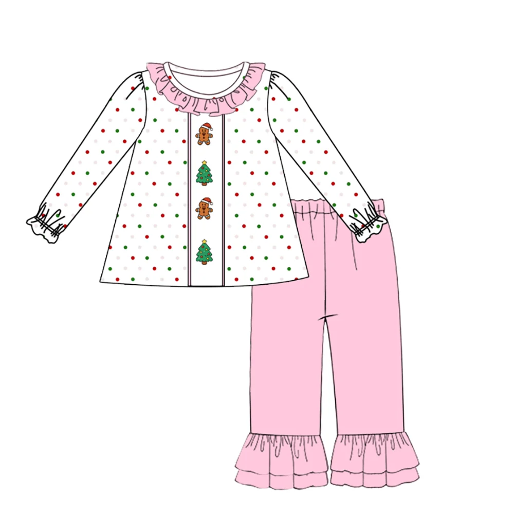 Girls Christmas Outfit Gingerbread Man Xmas Tree Dot Print Ruffle Collar Long Sleeve Dress Flare Pants Sets Baby Bubble Romper