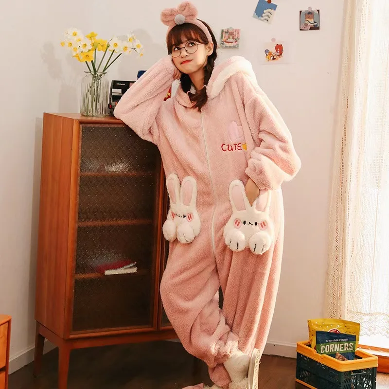 Girl\'s Winter Warm Cartoon Animal One Piece Pajamas Polyester Comfortable Lovely Girlish Heart Leisure Wear Cosplay With A Zip