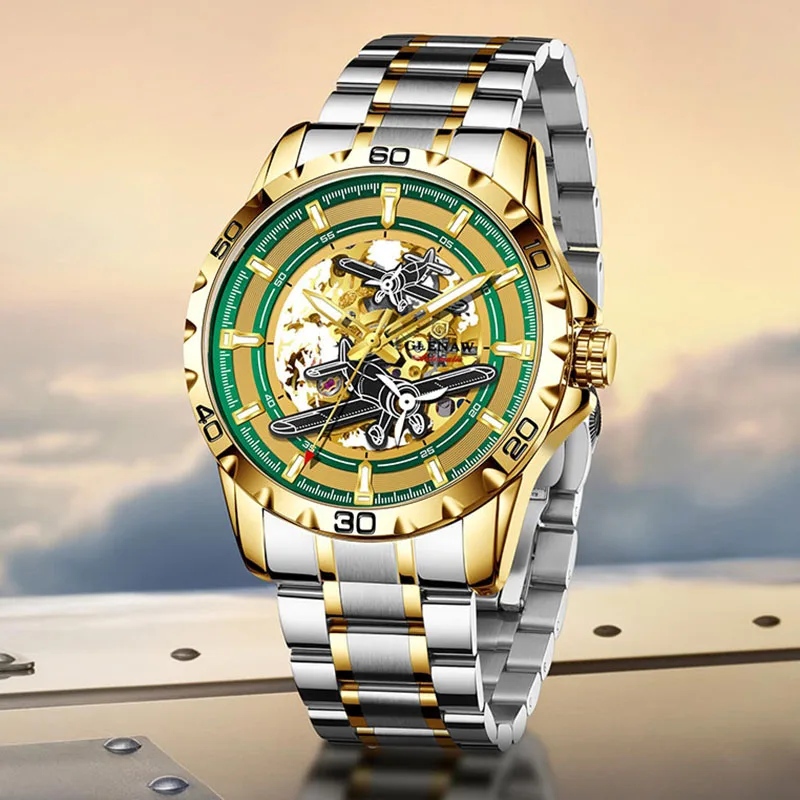 

Vintage Men Watches Pilot Series Propeller Rotation Hollow Automatic Mechanical Watches waterproof Stainless Steel Watch