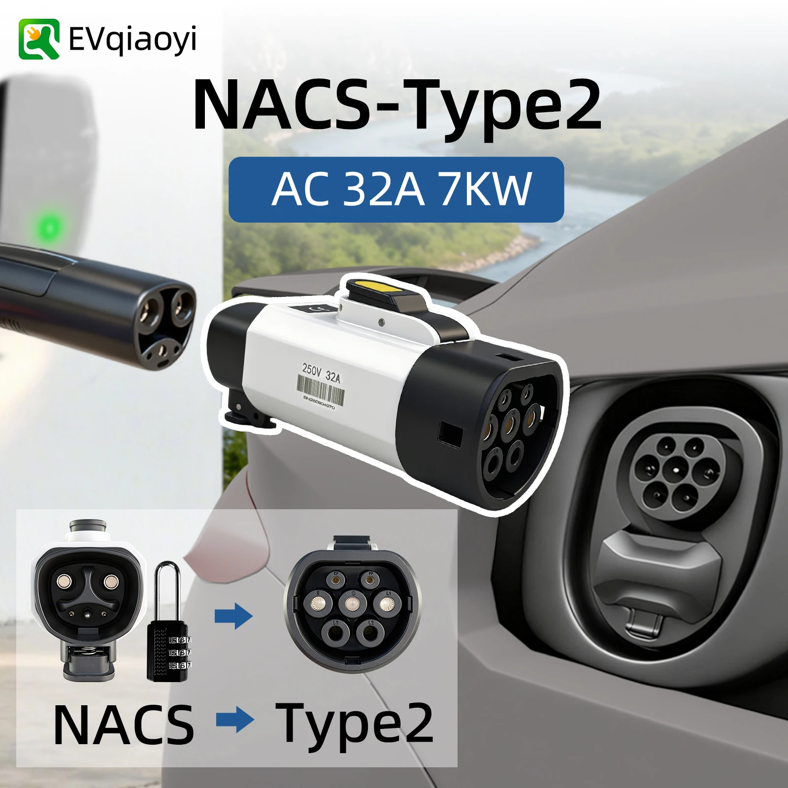 NACS to TYPE2 Adapter 32A 7.2kW EV Charger Tesla Pile to Type 2 Electric Vehicle Car Adaptador Tesla a Tipo 2