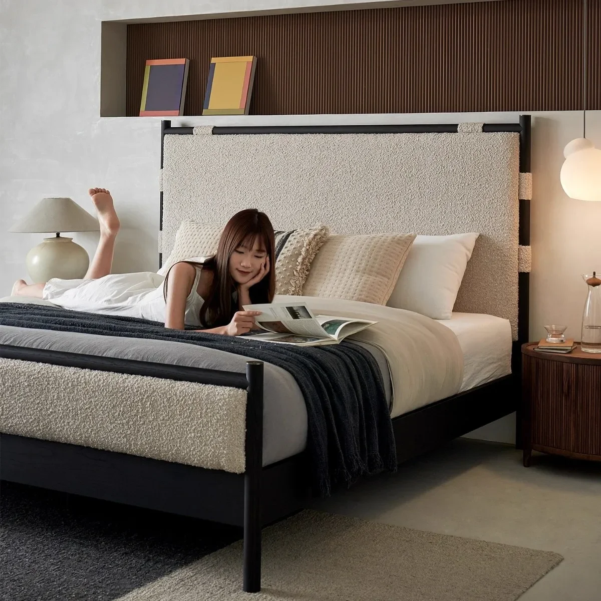 Snow crisp solid wood bed master bedroom French 1.8 meters ash wood double high foot high screen backrest solid wood fabric