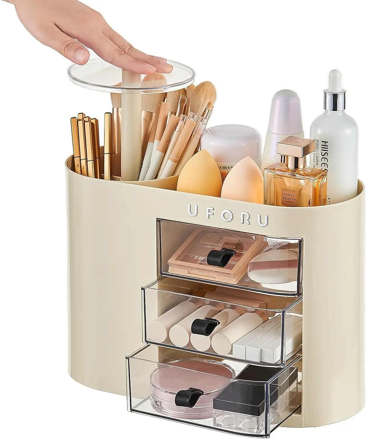 

Makeup Organizer with Pop-Up Brush Holder for Dresser Vanity, Plastic Bathroom Counter Organizer with 3 Drawers&Dust-Proof Cover