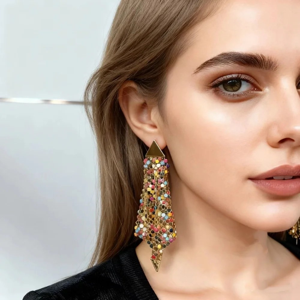 

Women's Gold Metal Sequin Geometric Tassel Earrings Statement Long Drop Dangle Party Jewelry Daily Wear Gift for Girls Women