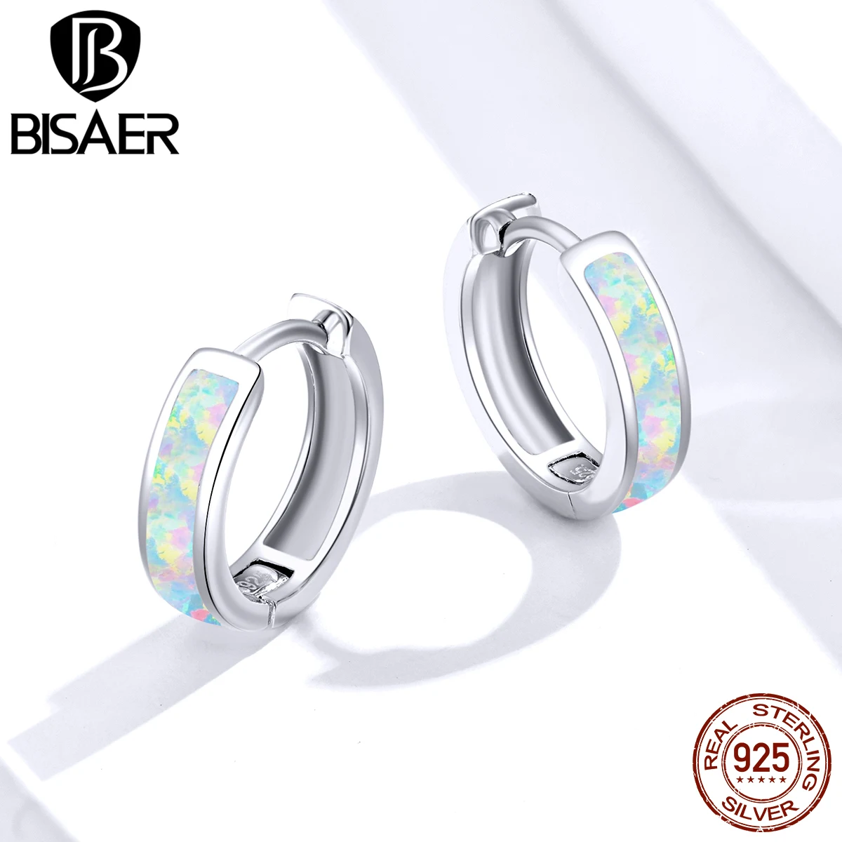 BISAER 100% 925 Sterling Silver Round Ear Clip Circle Hoop Earrings Opal Plated platinum For Women Wedding Luxury Jewelry Gift