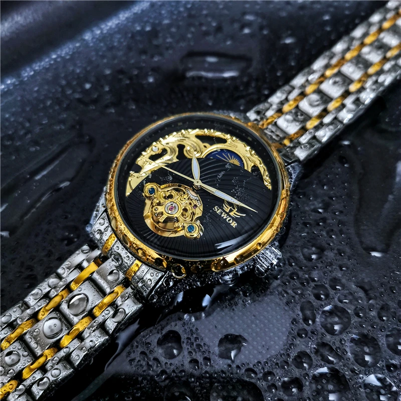 AOKULASIC Mann Mechanische Uhren Retro Mondphase Tourbillon Leuchtende Wasserdichte Uhren Luxus Edelstahl Band herren Uhr