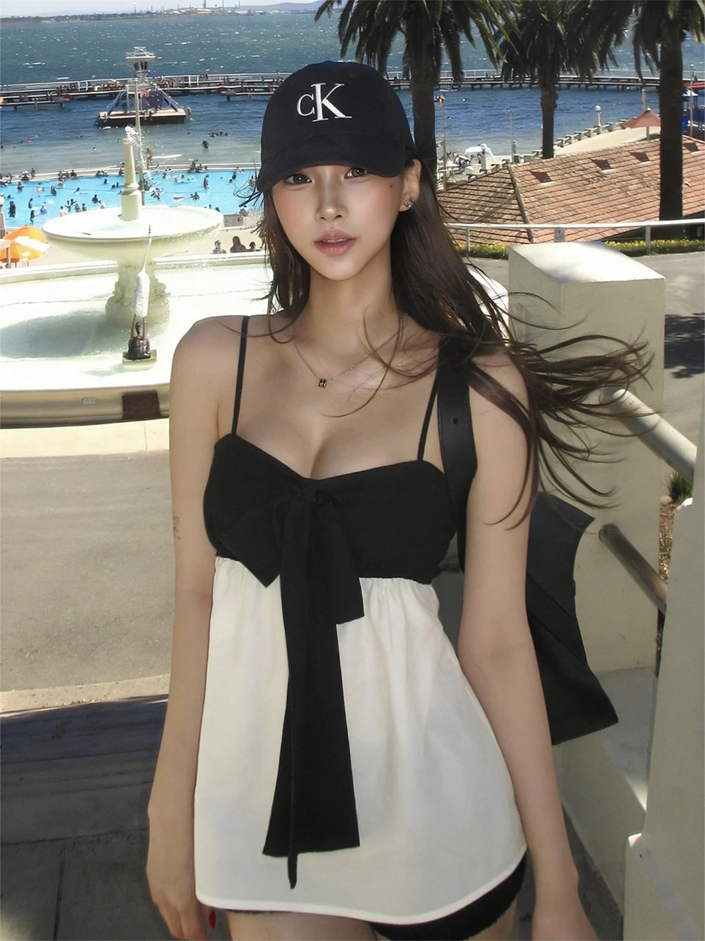 Unique Thai Style  Knot Strap Vest Loose Fit Sleeveless Women's Summer Outerwear Slimming Top Color Block Design
