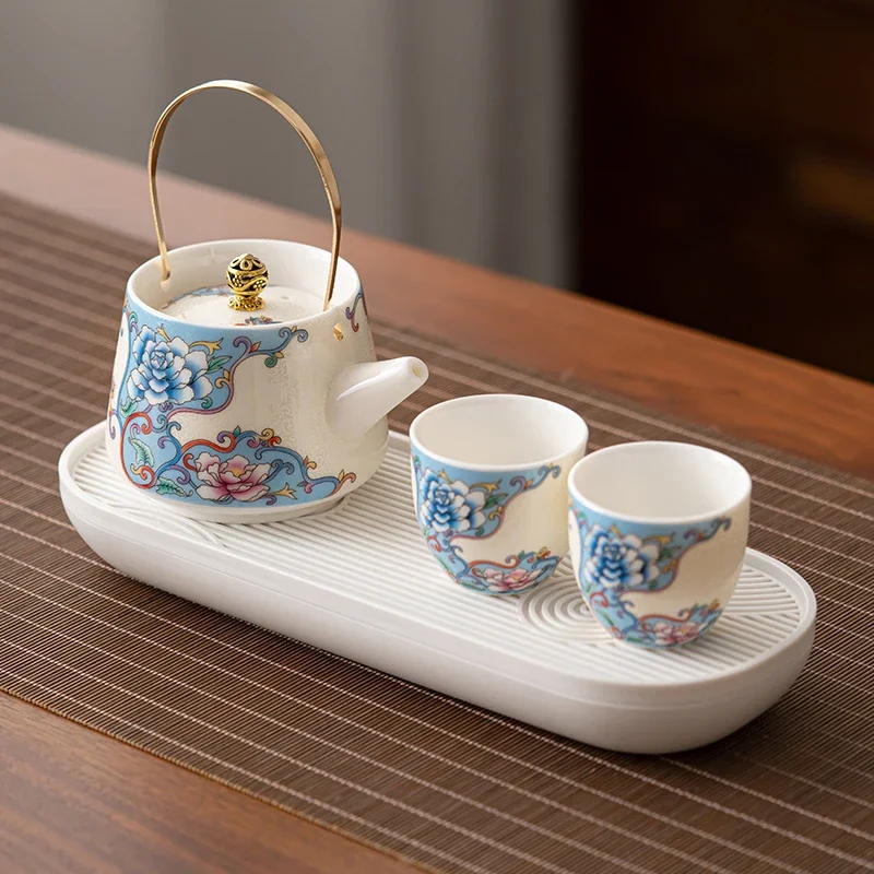 Enamel Colored Cloisonné Silver Tea Set for Home, One Pot Two Cups, Small Ceramic Teapot and Tea Cups