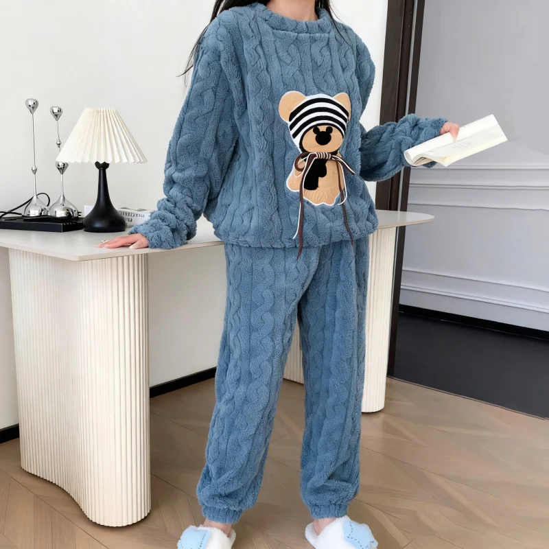 

Coral Fleece Pajama Set Autumn Winter Fleece-Lined Warm Outerwear Robe Cute Cartoon Bear Thickened Homewear