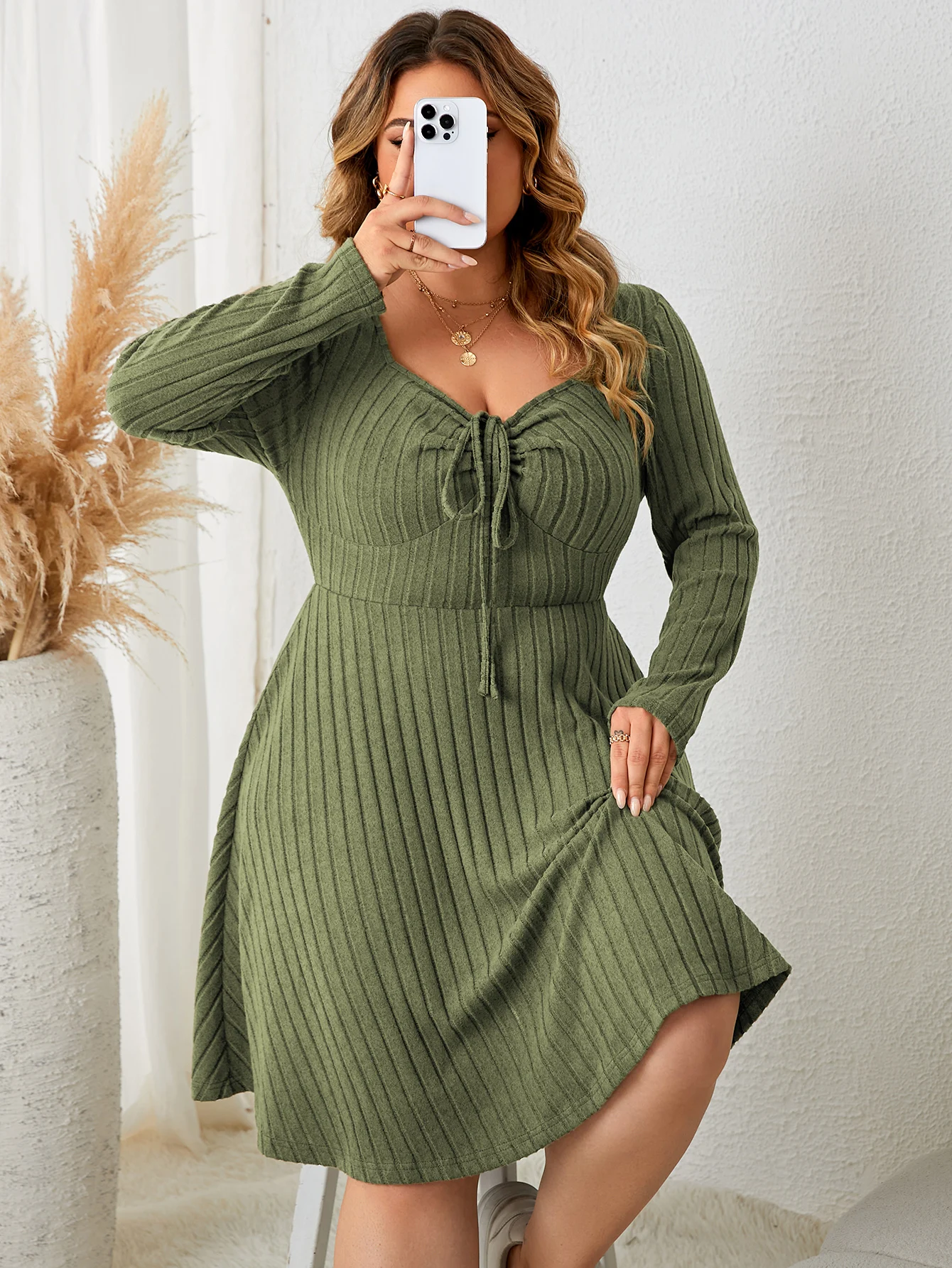 Fashion Plus Size Clothing Dresses for Women 2023 Casual Long Sleeve Green Elegant Party Vacation Large Size Short Female Dress