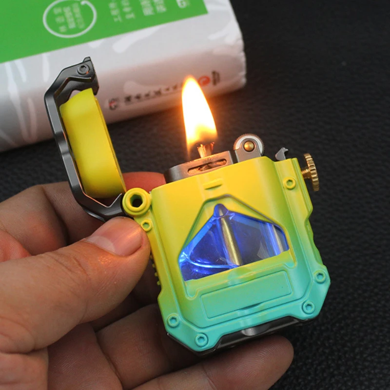 Creative Cool Mecha Kerosene Lighter Transparent Oil Warehouse with Light Metal Internet Celebrity Lighter Wholesale