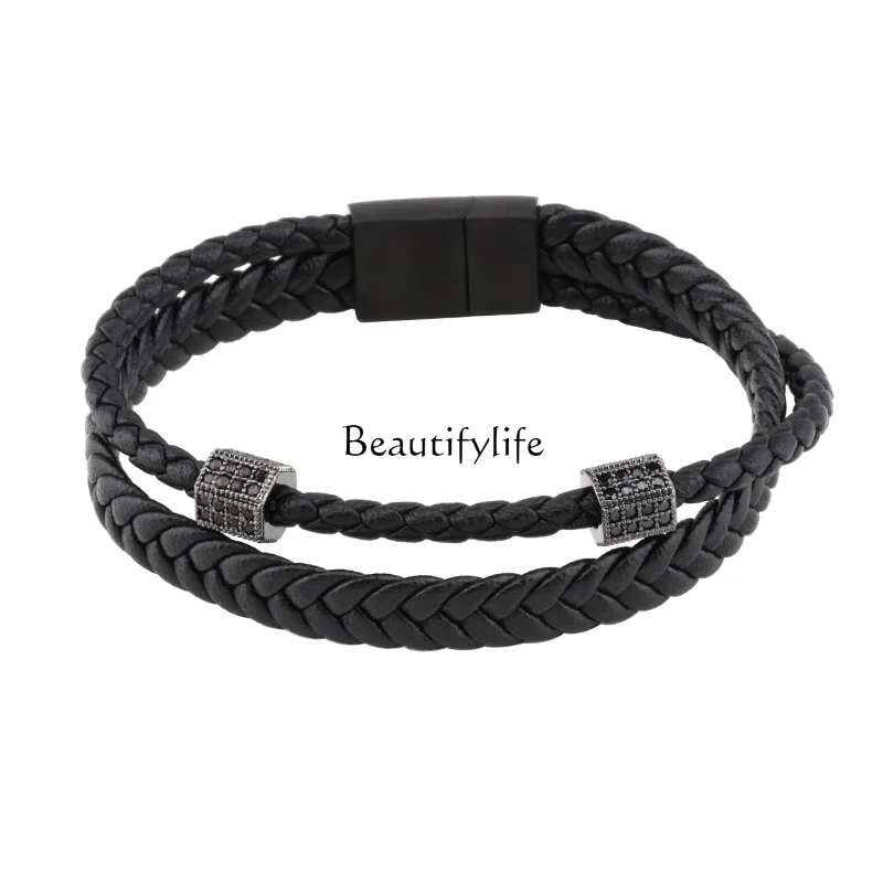 Black Leather Woven Hand Strap Bracelets for Men and Women, Couple Tide, High-Grade