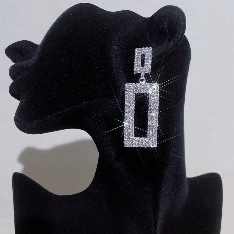 New Trendy Square Shape Drop Earrings for Women Full Rhinestone Bridal Dangle Earrings Engagement Wedding Jewelry Accessories