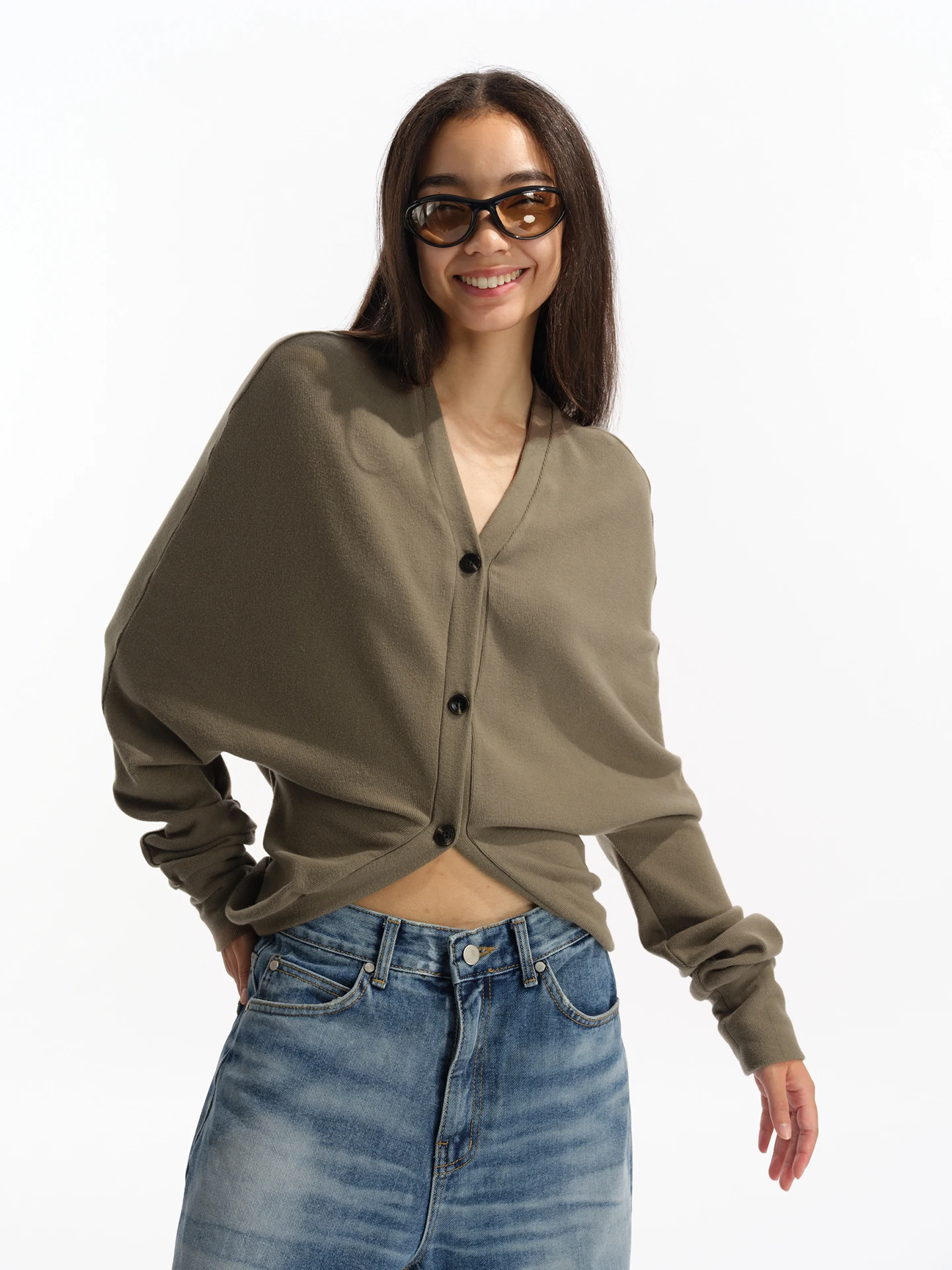 

Ретро-кардиган с рукавами «летучая мышь», свободный крой, мягкий, с V-образным вырезом, длинный рукав, женский вязаный свитер для повседневной носки