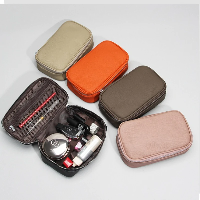 Compact Travel Makeup Organizer Bag, Women's Genuine Leather with Mesh Divider Pocket for Small Cosmetic Tools & Lotions