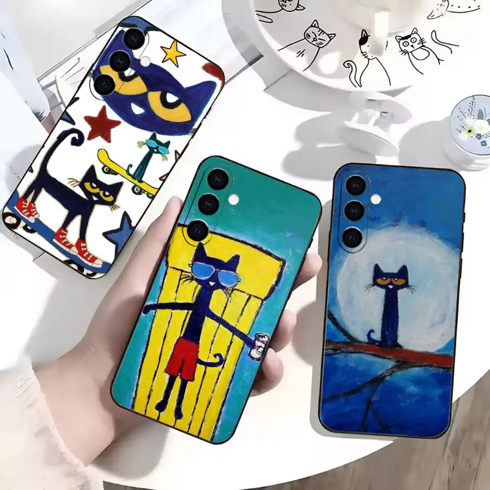 Cute Blue Cartoon Cat  Phone Case For Samsung Galaxy A73,A72,A71,A70,A53,A52,A51,Soft Silicone Black Cover
