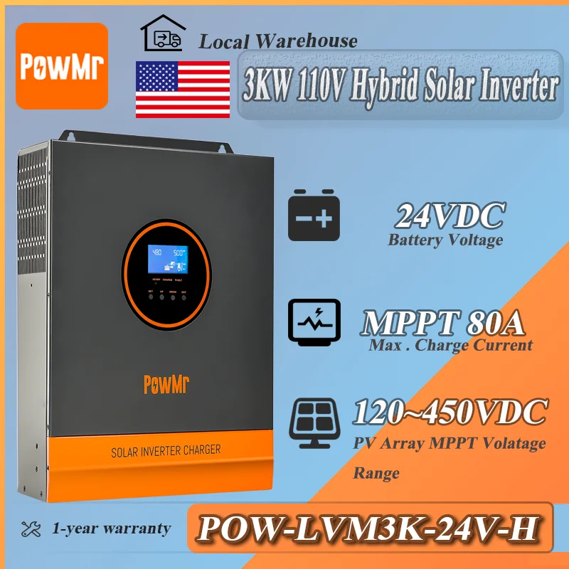 PowMr 24V 3KW Hybrid Inverter Pure Sine Wave Built in 120A MPPT Controller 110V Support RS485 Real Time Battery Monitoring