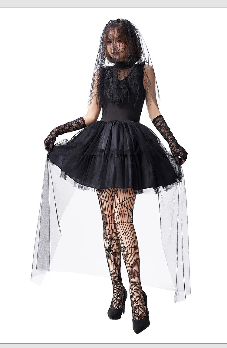 

Черный кружевной костюм невесты-призрака на Хэллоуин, ужасы, свадебное платье, шило, женская традиционная этническая сценическая одежда