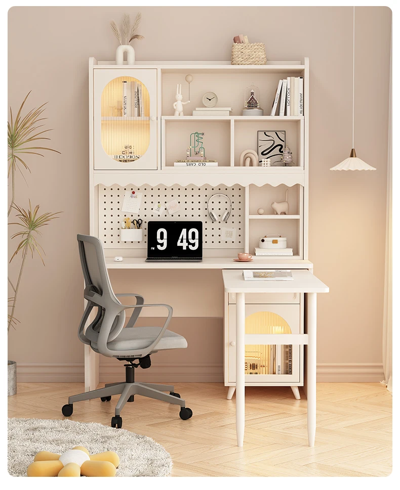 

Creamy Corner Desk, Computer Swivel, Home Bookcase, Integrated Bookcase, Bedroom, Folding Dresser