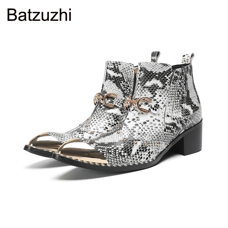 

Batzuzhi 6.5CM High Heels Men's Ankle Boots Metal Cap Soft Leather Motorcycle Boots Man Botas Hombre, Big Sizes US6-12