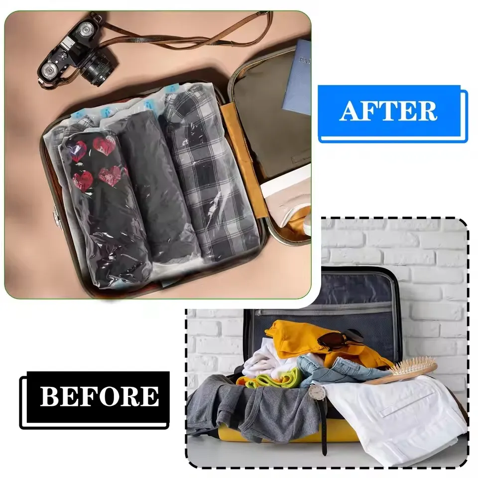 10 عبوات من أكياس الضغط، أساسيات السفر، أكياس توفير المساحة، أكياس تخزين مفرغة محكمة الغلق، منظمات الملابس #4