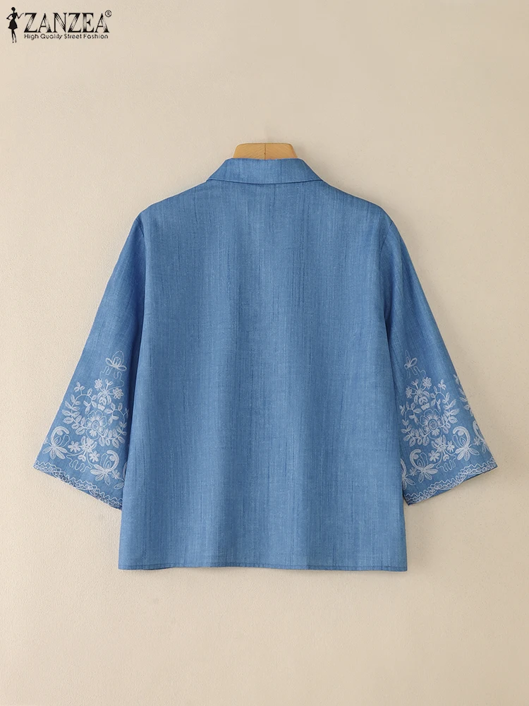 ZANZEA Bohemian Vintage Floral Print Bluse Frauen Casual Drehen-unten Kragen 3/4 Hülse Halb-Taste Blusas Mujer Urlaub lose Tops