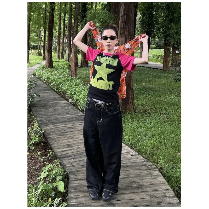 Jeans Kaki Lebar Bordir Amerika untuk Wanita Celana Panjang Lantai Kaki Lurus Longgar Skinny Kasual Serbaguna Retro