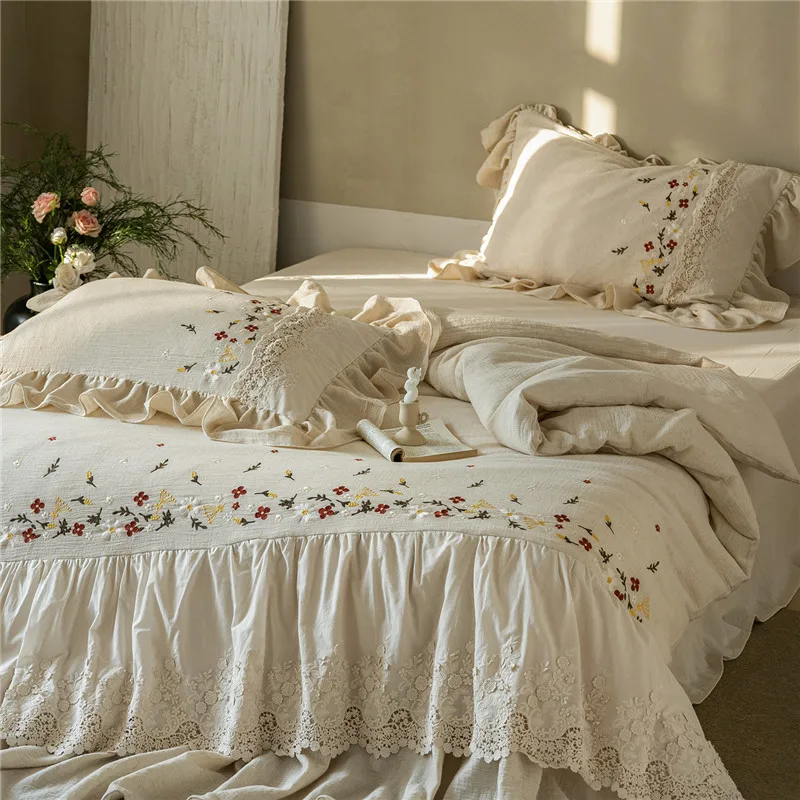 4Pcs Vintage Country Style Cotton Linen Bedding Set Ruffle Lace Edge Floral Embroidery Bed Cover Bed Sheet Set for Bedroom Decor
