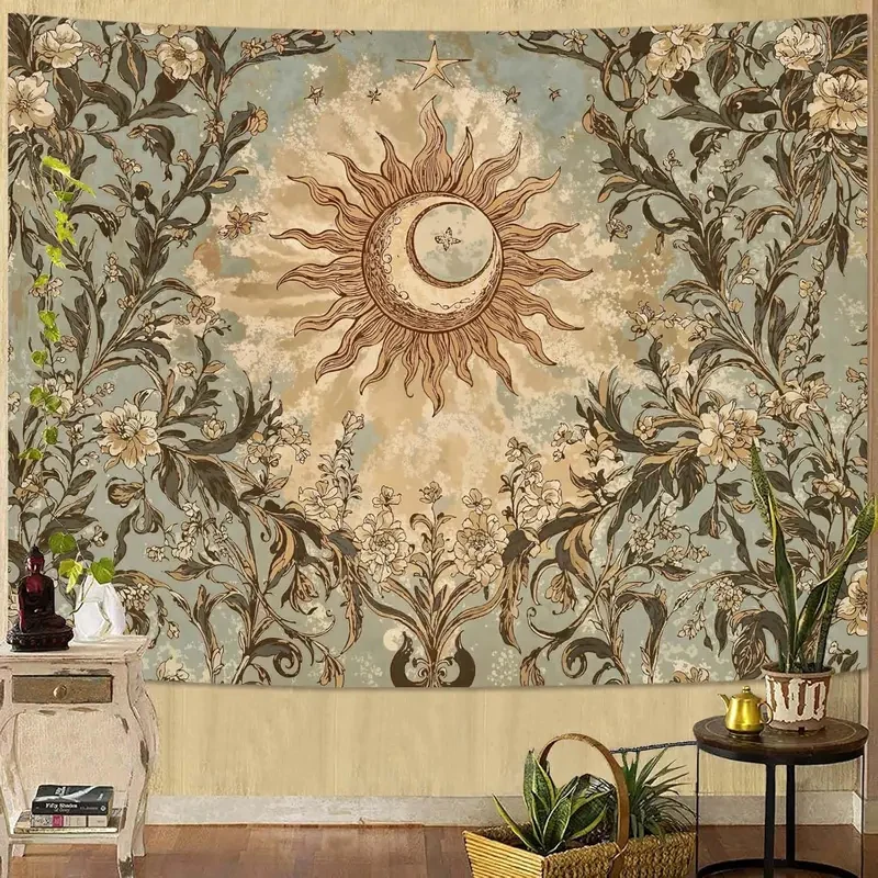 VIKAMA Boho Sun Moon Floral Tapestry, Vintage Celestial Botanical Print Wall Hanging for Bedroom Dorm Living Room Home Decor