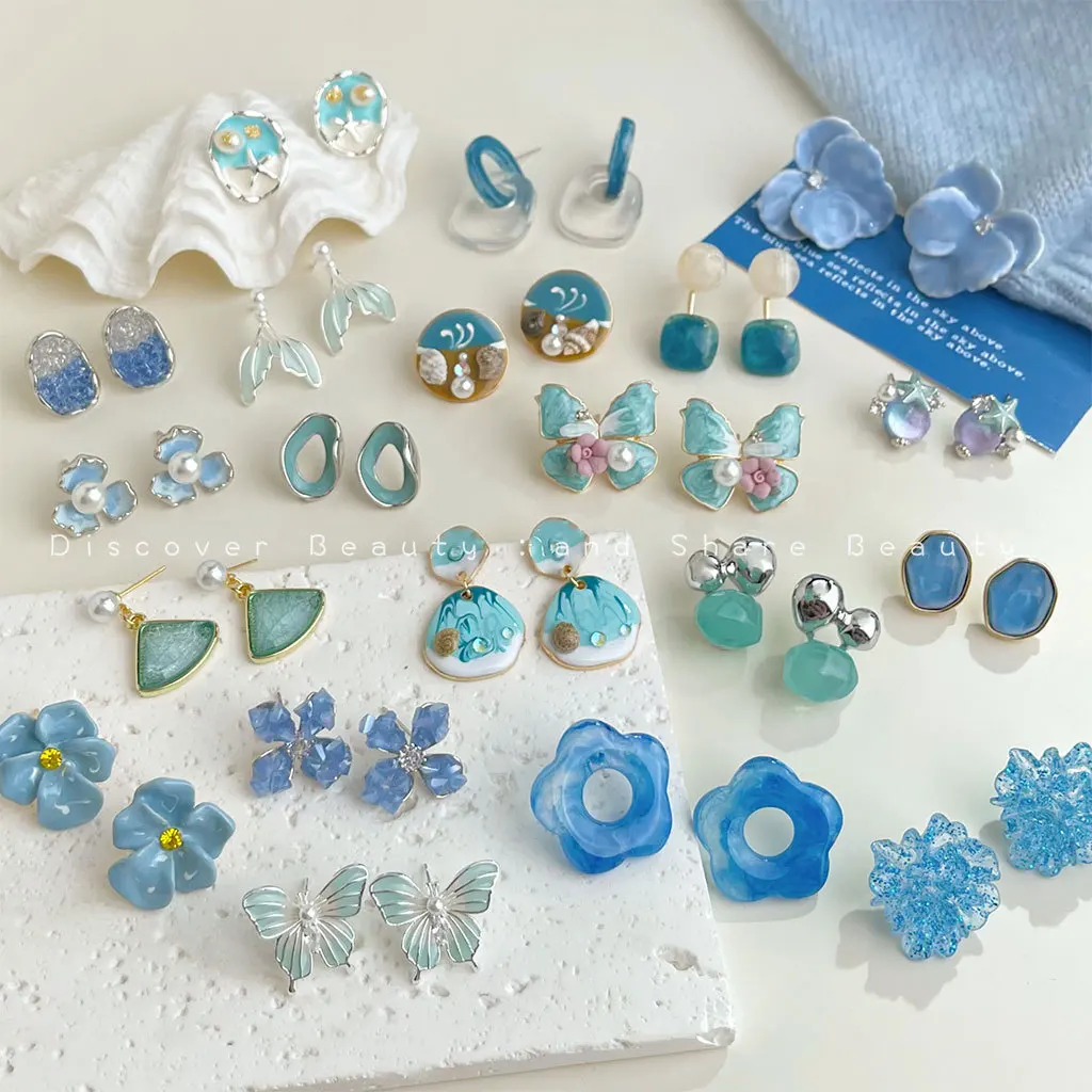DIY accessories small fresh milk blue oil drop earrings fashionable and sweet flower stud earrings super fairy vac