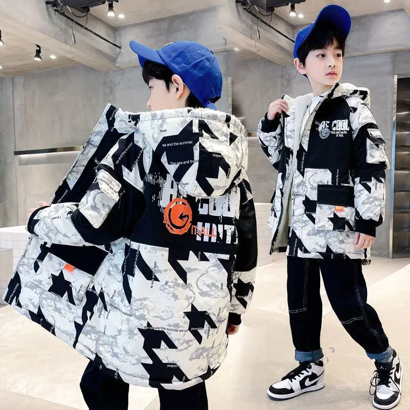 Boys Winter Jacket Children Camouflage Hooded Outwear Kids Thicken Warm Plus Velvet Coat for Boys 4 6 8 10 12 14 Years