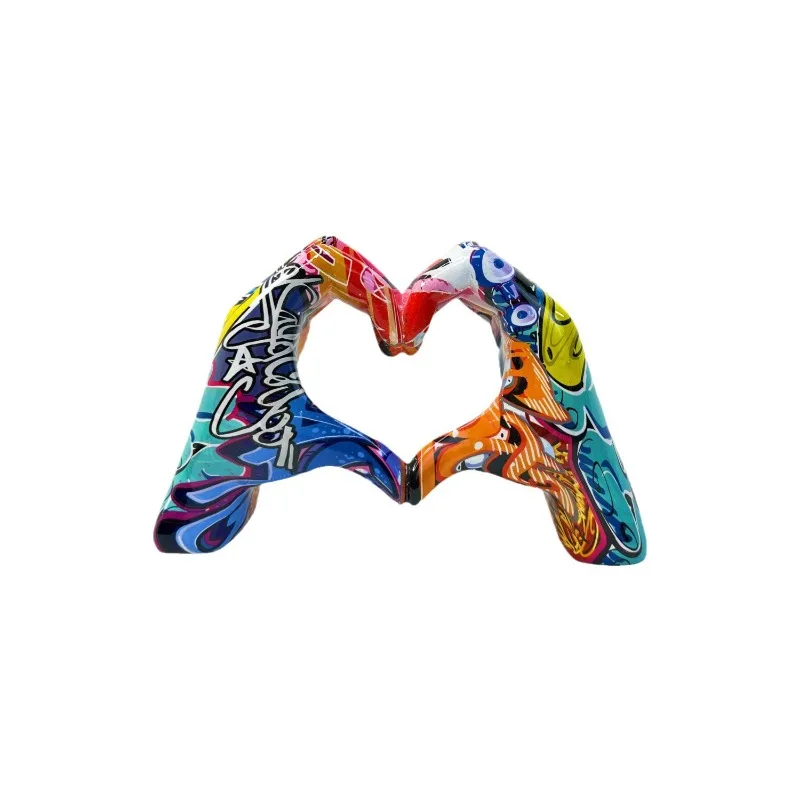 Colorful Graffiti Heart Shaped Hand Gesture Resin Statue Modern Art Figurine Home Living Room Office Desktop Decor Romantic Luck