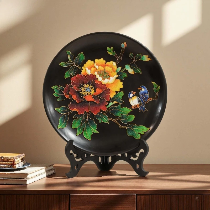 

Black pottery filigree cloisonne ornamental plate ornament peony high-end gift