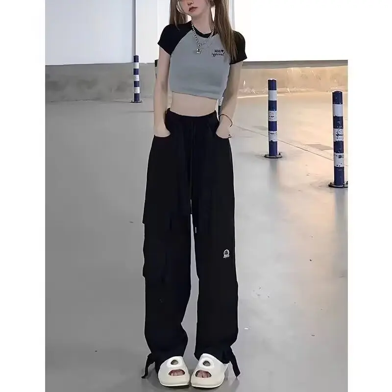 여성용 하이웨이스트 한국 스타일 작업복 바지 2025년 신상 루즈핏 슬림 패션 캐주얼 스포티 와이드 레그 팬츠 (가을/겨울)