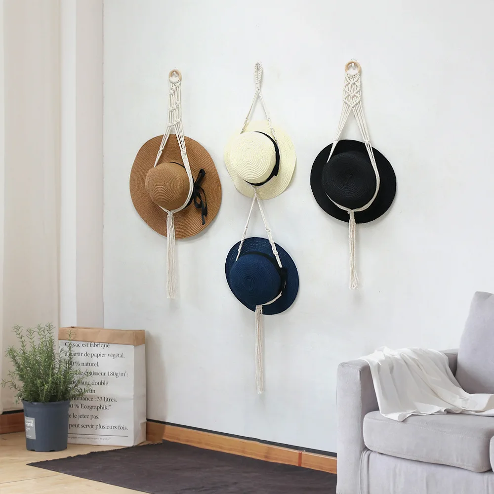 Boho Cotton Hat Rack Hanging Caps Multi-layer Holder Hat Scarf Organizer Rack Macrame Tapestry Hat Hanger Wall Storage