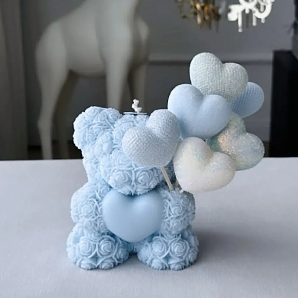 Love Rose Bear Scent Candle Silicone Mold Relief Flower Teddy Braid Heart Resin Ceramic Making Candlelight Decor DIY Bride Gifts