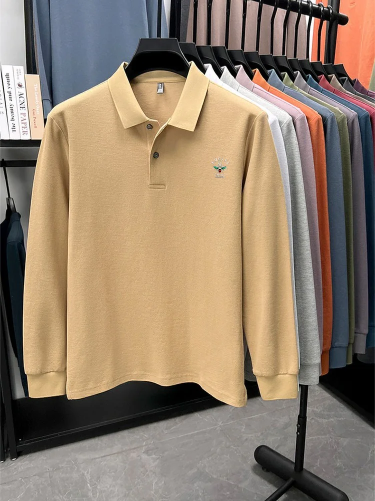 100% القطن قميص بولو بأكمام طويلة الرجال العلامة التجارية النحل تنقش تي شيرت عادية مريحة للتنفس 2025 الخريف جديد رداء علوي غير رسمي #6