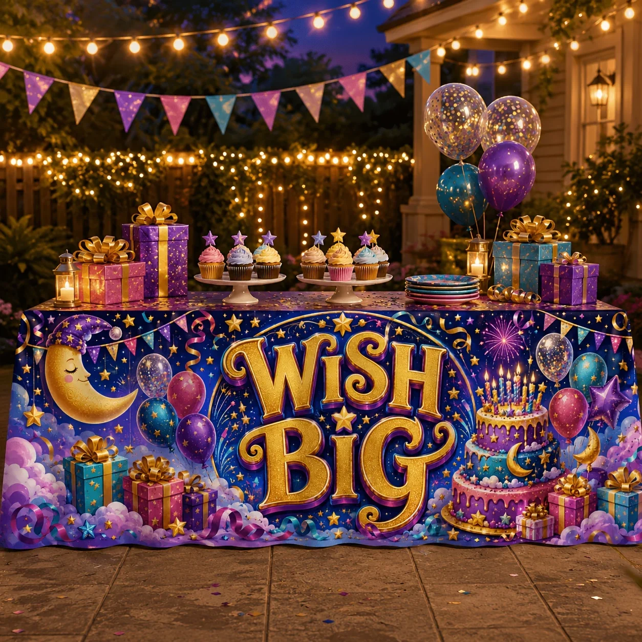 Tablecloth/drapery: 1 piece, polyester. Hope. Big starry sky and moon. Birthday cake. Rocket fireworks pattern.xzj