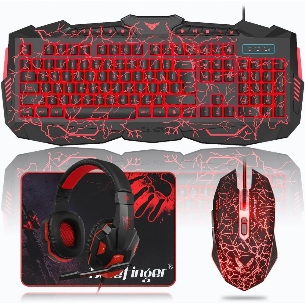 Gaming Keyboard Mouse Headset Combo, Wired Backlit, 114 Keys LED Keyboard, Red Light Headset for PC Laptop Work and Gaming
