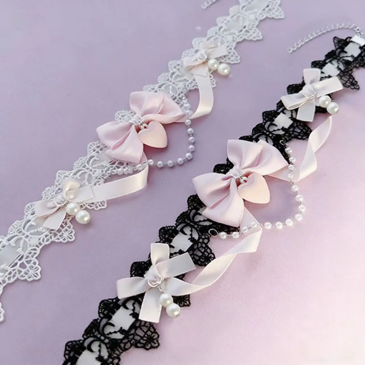 Sweet Lolita Pearl Lace Necklace Y2K Ribbon for Women Photo Shoot Bowknot Charm Choker for Girls Romantic Cute Style Jewelry