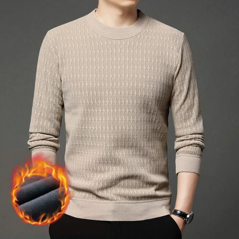 

Fleece Man Sweater Warm Solid Jacquard Weave Thickening Knitwear Pullover Leisure Round Neck High Quality Bottoming Sweater