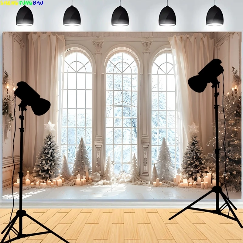 

Christmas Tree Gifts Window Photography Backdrop Living Room Snowflake Family Party New Year Holidays Studio Background XH-23